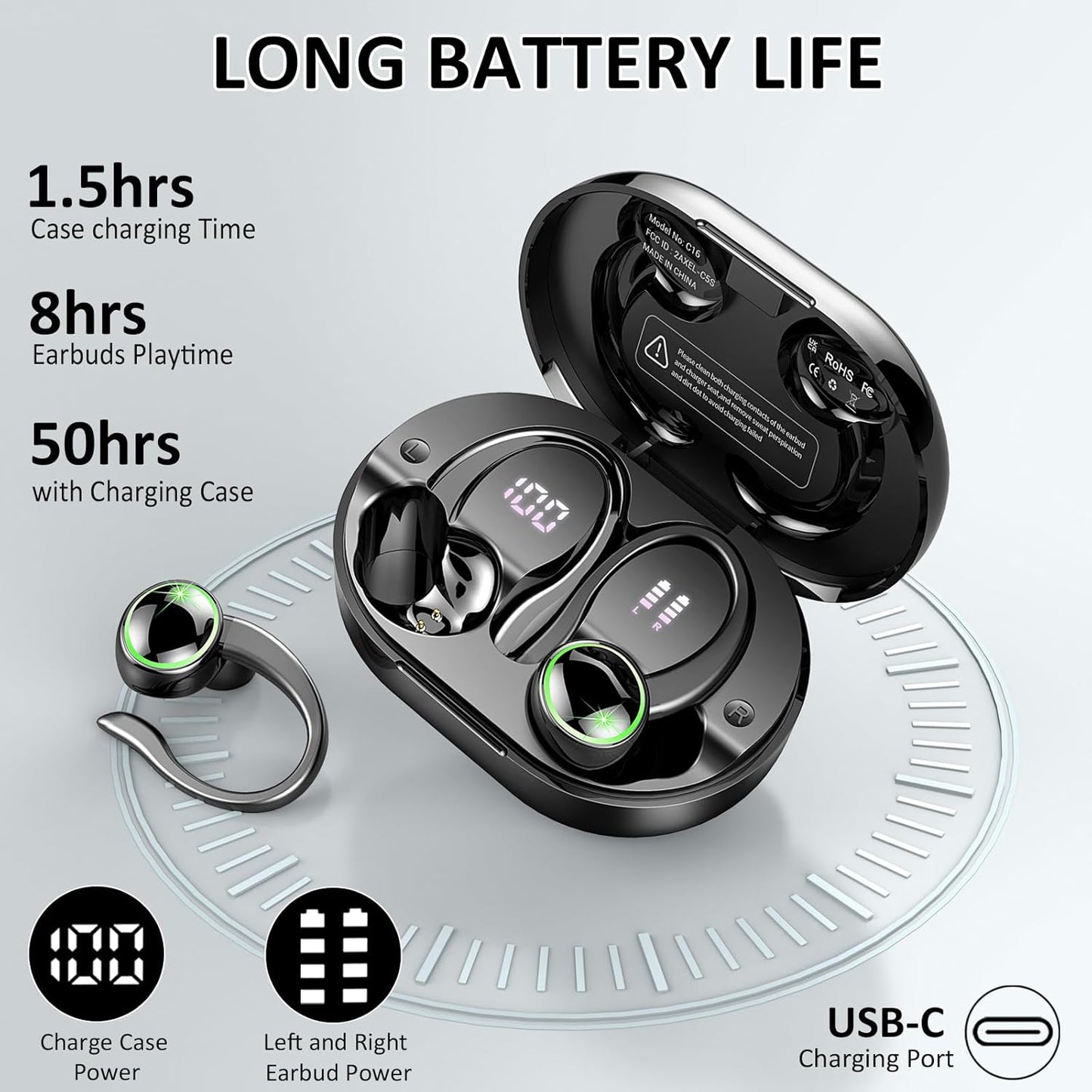 Wireless Earbuds, Bluetooth 5.4 Headphones Sports, 50H Playback Over-Ear Buds with ENC Noise Cancelling Mic, Deep Bass Fitness Earphones with Earhooks, IP7 Waterproof Headset for Running Workout Gym