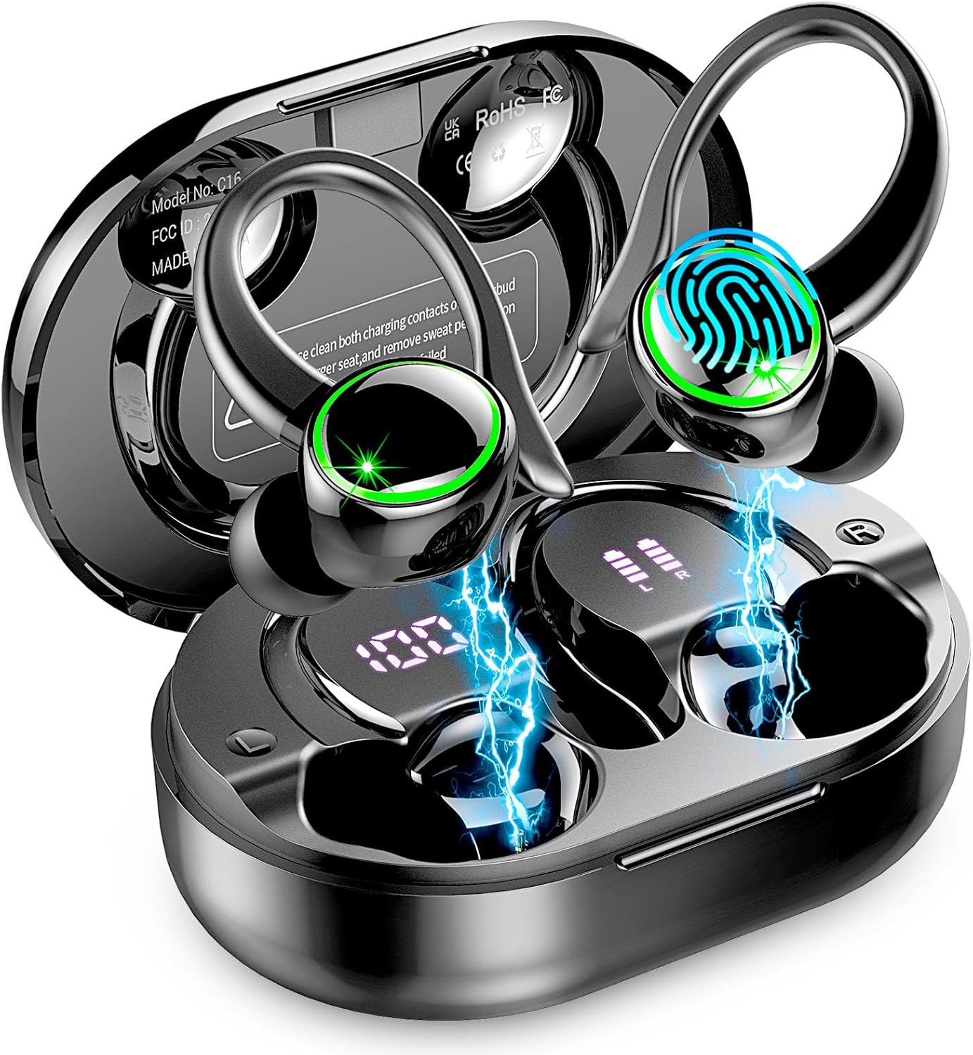 Wireless Earbuds, Bluetooth 5.4 Headphones Sports, 50H Playback Over-Ear Buds with ENC Noise Cancelling Mic, Deep Bass Fitness Earphones with Earhooks, IP7 Waterproof Headset for Running Workout Gym