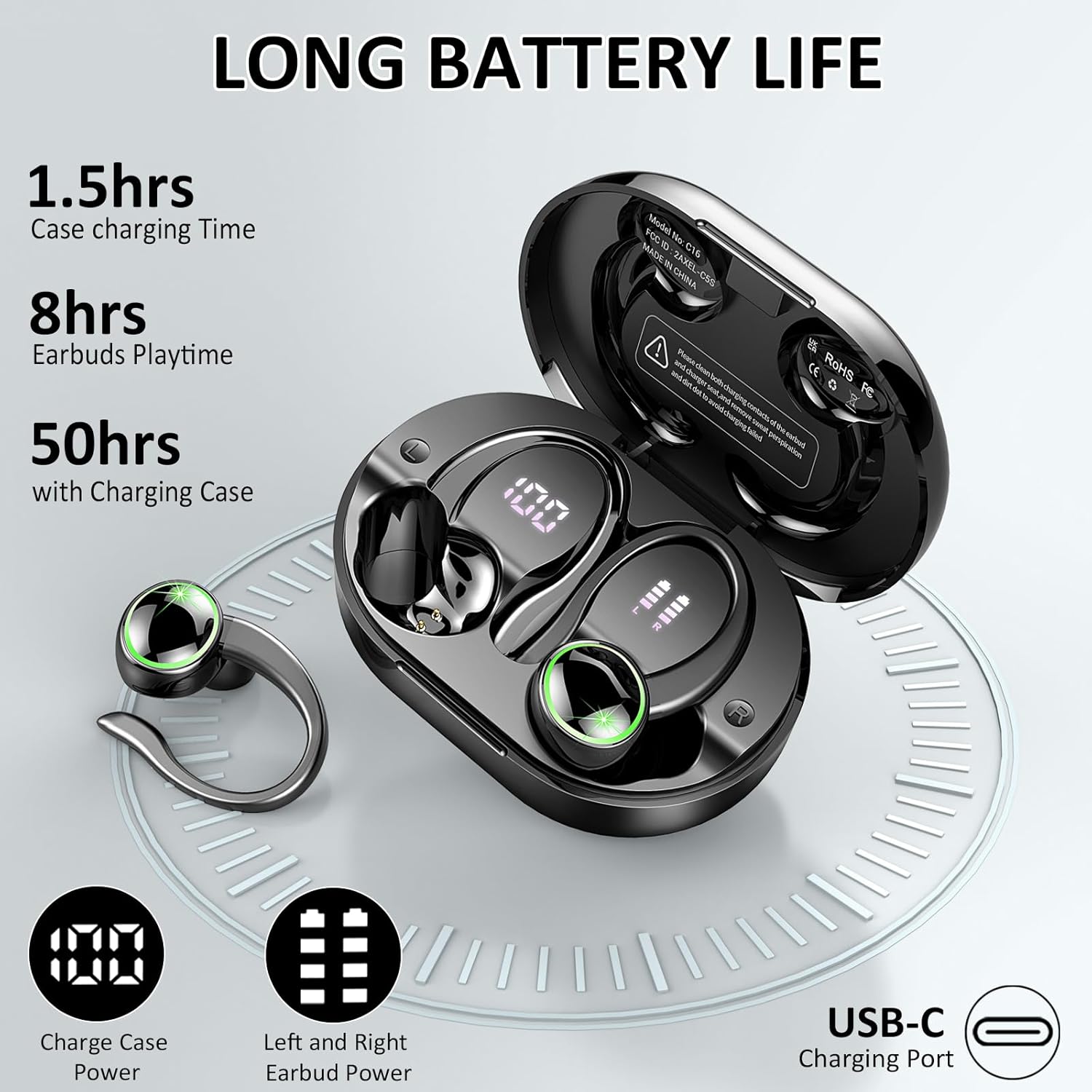 Wireless Earbuds, Bluetooth 5.4 Headphones Sports, 50H Playback Over-Ear Buds with ENC Noise Cancelling Mic, Deep Bass Fitness Earphones with Earhooks, IP7 Waterproof Headset for Running Workout Gym