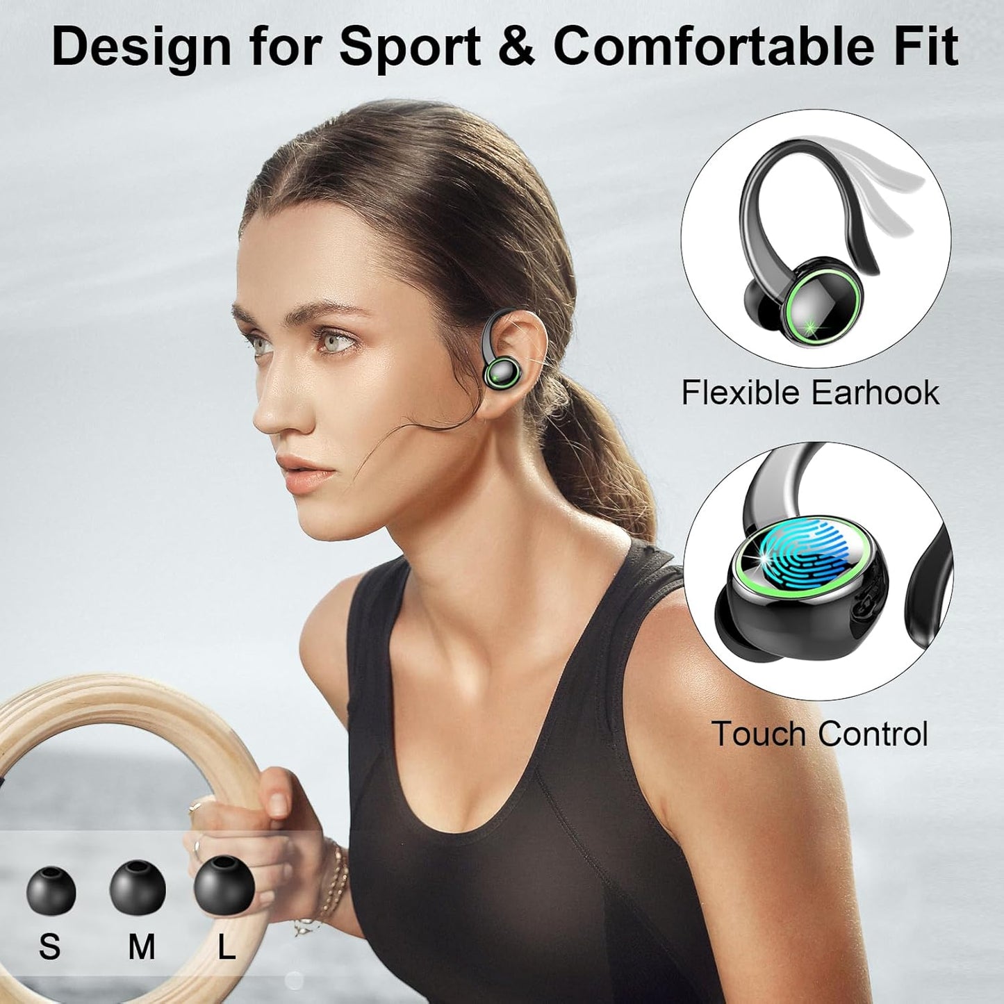 Wireless Earbuds, Bluetooth 5.4 Headphones Sports, 50H Playback Over-Ear Buds with ENC Noise Cancelling Mic, Deep Bass Fitness Earphones with Earhooks, IP7 Waterproof Headset for Running Workout Gym